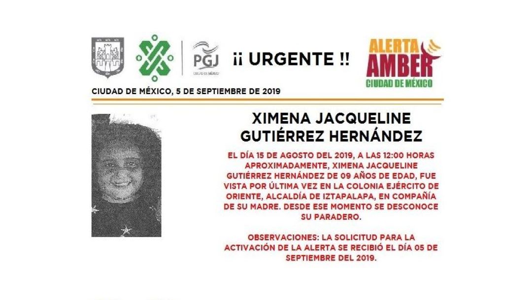 Alerta Amber: Ayuda a localizar a Ximena Jacqueline Gutiérrez Hernández