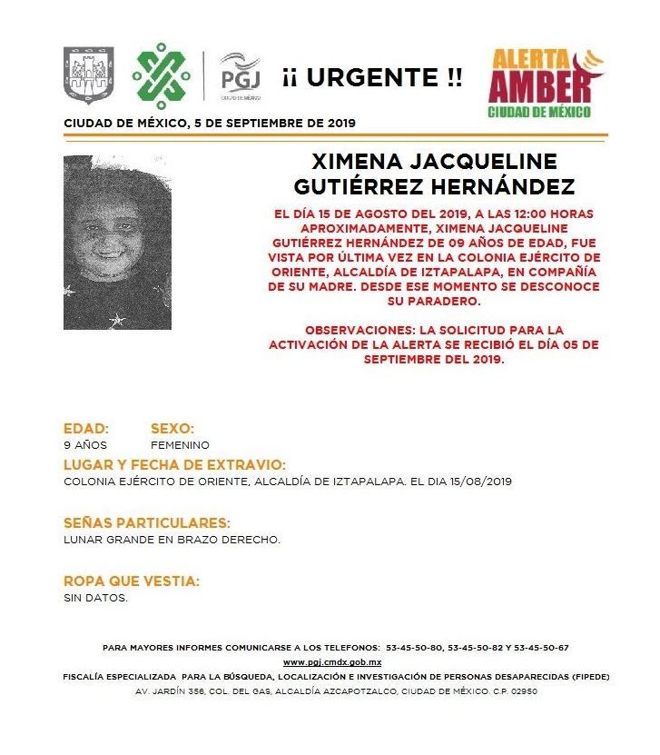 Foto Alerta Amber Ayuda a localizar a Ximena Jacqueline Gutiérrez Hernández 6 septiembre 2019