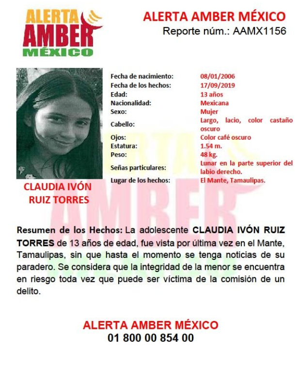 FOTO Se activa Alerta Amber por Claudia Ivon Ruiz Torres (Twitter)