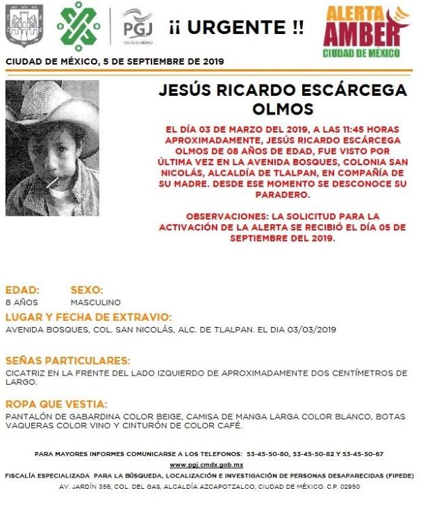 Foto Alerta Amber para localizar a Jesús Ricardo Escárcega Olmos 6 septiembre 2019