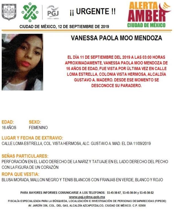 Foto Alerta Amber para ayudar a localizar a Vanessa Paola Moo Mendoza 12 septiembre 2019 