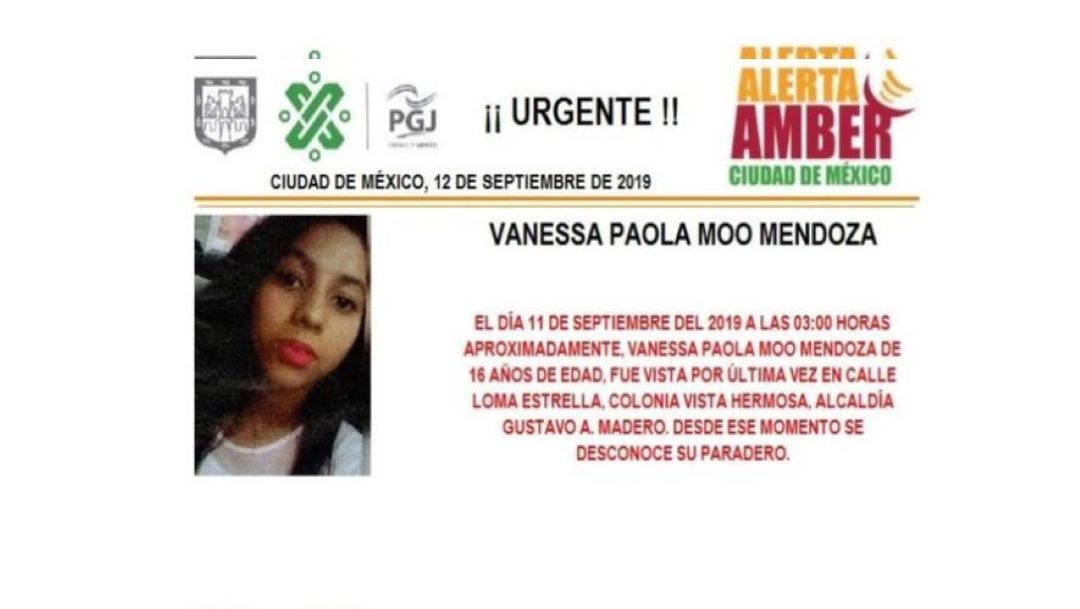 Foto Alerta Amber para ayudar a localizar a Vanessa Paola Moo Mendoza 12 septiembre 2019