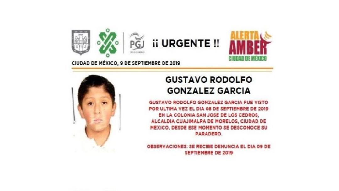 Foto Alerta Amber para localizar Gustavo Rodolfo González García 9 septiembre 2019