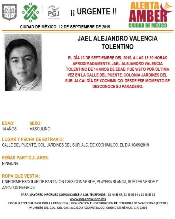 Foto Alerta Amber para localizar a Jael Alejandro Valencia Tolentino 12 septiembre 2019