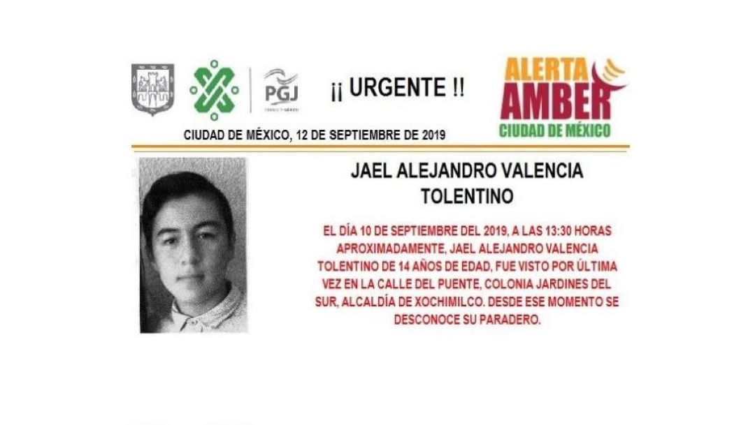 Foto Alerta Amber para localizar a Jael Alejandro Valencia Tolentino 12 septiembre 2019