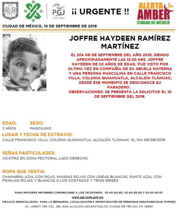 Foto Alerta Amber para localizar a Joffre Haydeen Ramírez Martínez 10 septiembre 2019