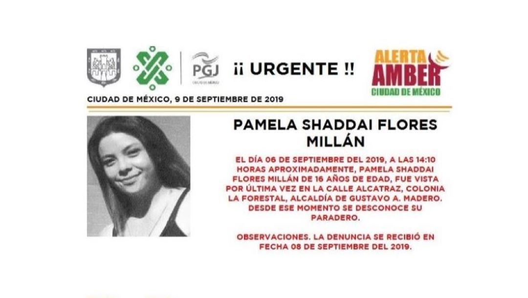 Foto Alerta Amber para localizar a Pamela Shaddai Flores Millán 9 septiembre 2019