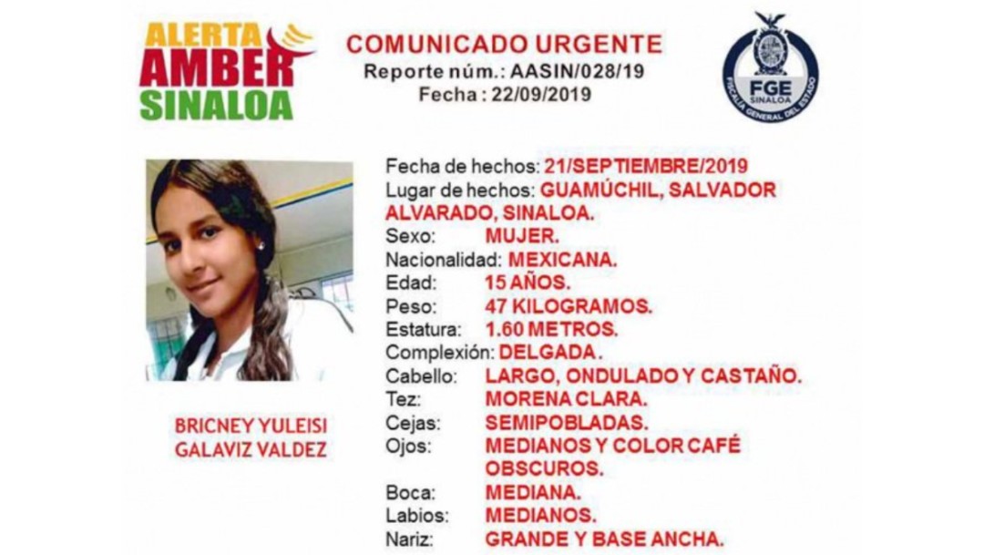 Foto: Alerta Amber para Bricney Yuleisi Galaviz Valdez, 21 de septiembre de 2019, México