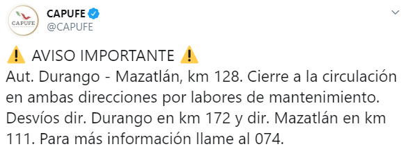 IMAGEN Autopista Durango-Mazatlán cierra por mantenimiento (Twitter)