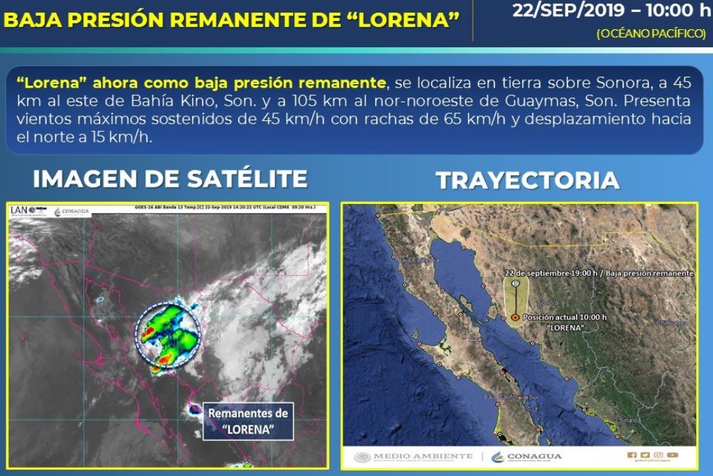 "Lorena" se degrada a baja presión remanente y se localiza en tierra sobre Sonora, 22 septiembre 2019