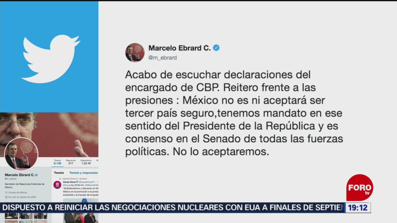 Foto: Ebrard México No Aceptará Tercer País Seguro 9 Septiembre 2019