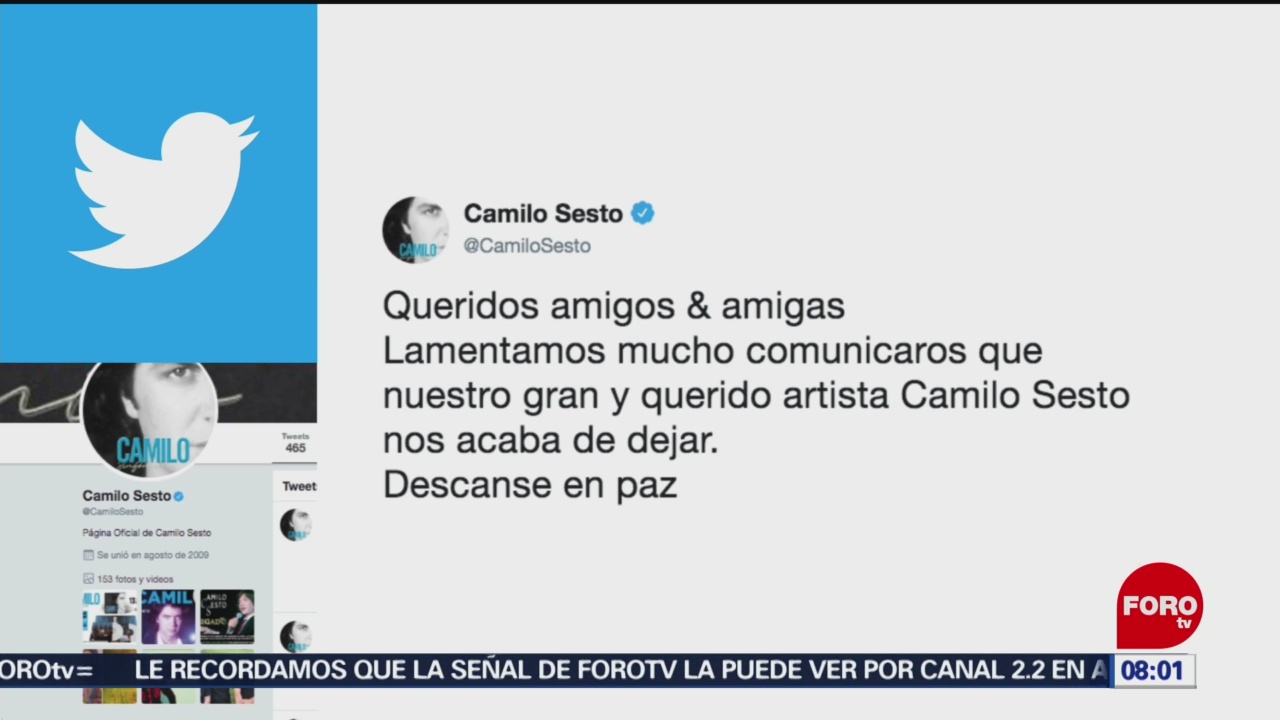 FOTO: La muerte de Camilo se informó en su cuenta de Twitter, 8 septiembre 2019