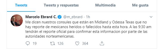 Foto: Tuit del secretario de Relaciones Exteriores, Marcelo Ebrard, 1 septiembre 2019