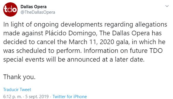 Foto Ópera Dallas cancela gala con Plácido Domingo por denuncias 6 septiembre 2019