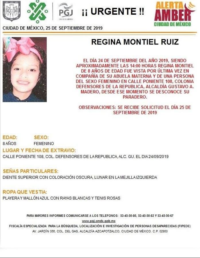 Foto: Regina Montiel Ruiz de 8 años desapareció en la alcaldía Gustavo A. Madero, el 25 de septiembre de 2019 (PGJCDMX)