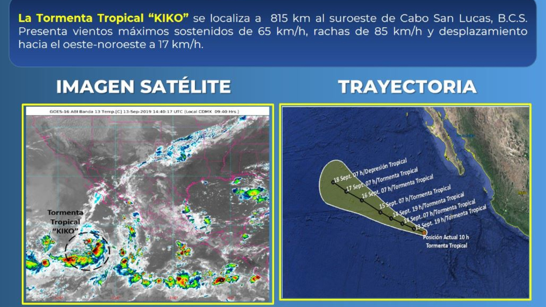 Foto: La tormenta tropical Kiko se encuentra al 815 km al suroeste de Cabo San Lucas, 13 septiembre 2019