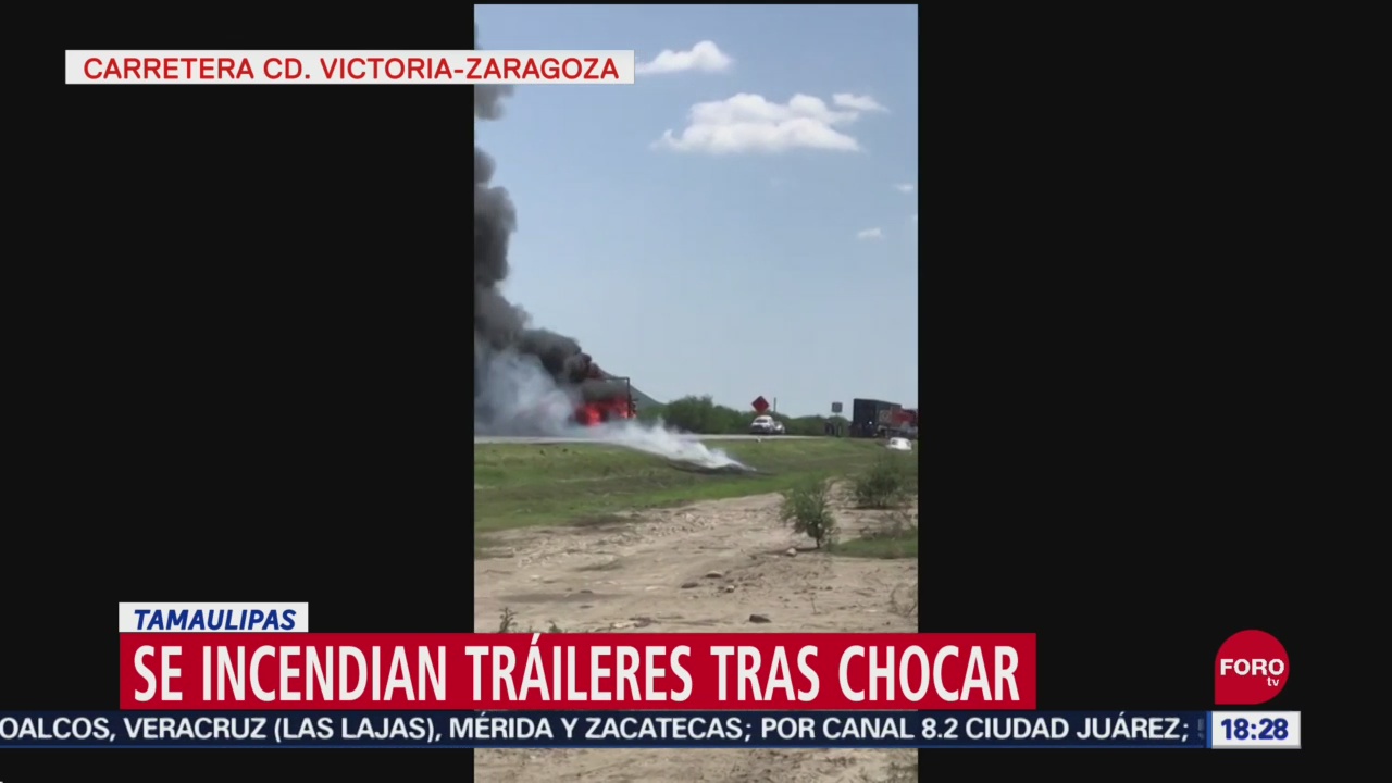 FOTO: Tráiler que transportaba autos nuevos choca y se incendia, en Tamaulipas, 27 septiembre 2019