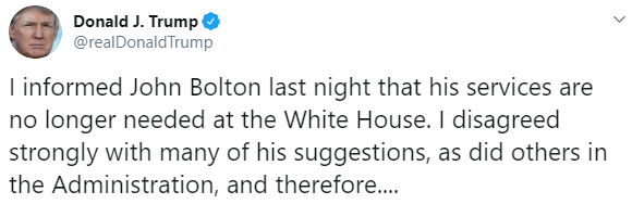 IMAGEN Trump despide a John Bolton, asesor de Seguridad Nacional (Twitter)