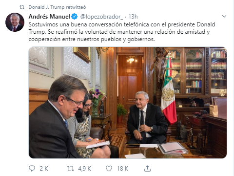 Foto Trump retuitea un mensaje de AMLO sobre su llamada telefónica 12 septiembre 2019