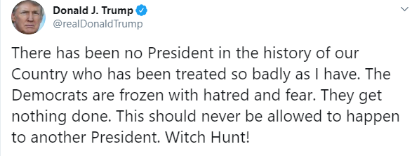 IMAGEN Tuit de Donald Trump donde denuncia cacería de brujas en su contra (Twitter)