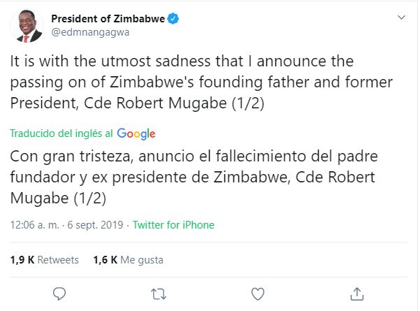 Muere Robert Mugabe, expresidente de Zimbabue, a los 95 años de edad