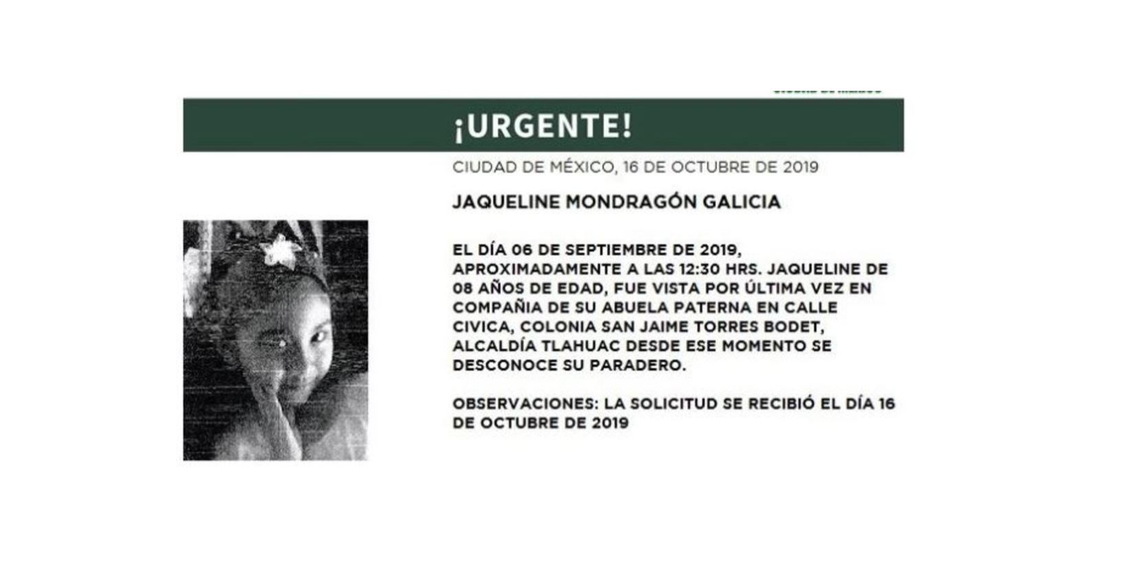 Foto Alerta Amber Ayuda a localizar a Jaqueline Mondragón Galicia