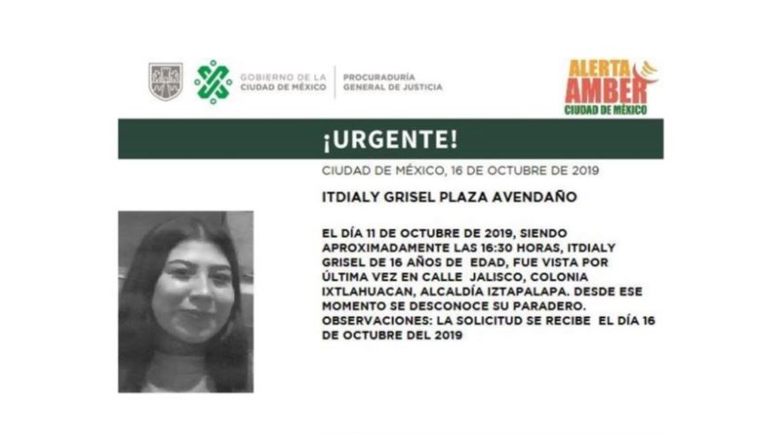Alerta Amber: Ayuda a localizar a Itdialy Grisel Plaza Avendaño