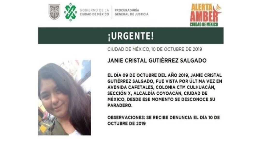 Foto Alerta Amber para localizar Janie Cristal Gutiérrez Salgado