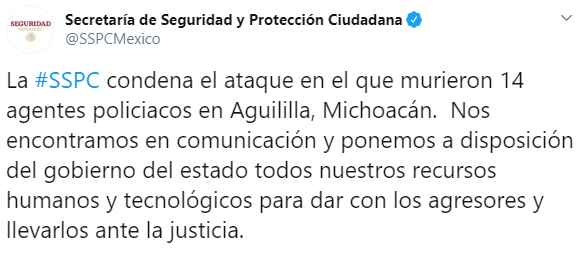 IMAGEN Emboscada a policías estatales en Aguililla, Michoacán, deja 14 muertos (Twitter @SSPCMexico)