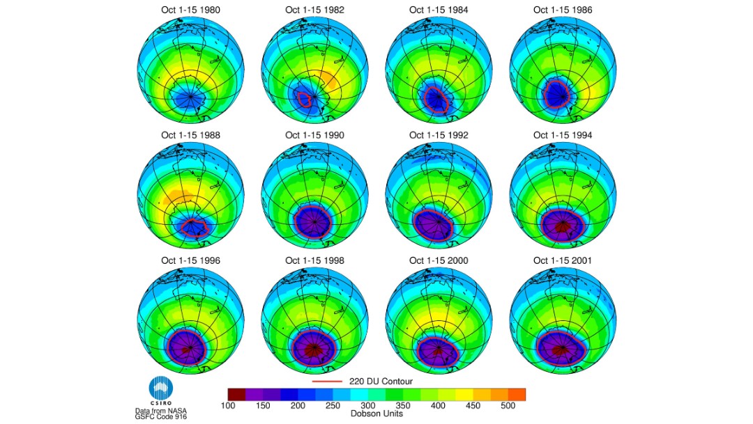 Foto: Evolución del agujero en la capa de ozono, durante 21 años, 18 de septiembre de 2002
