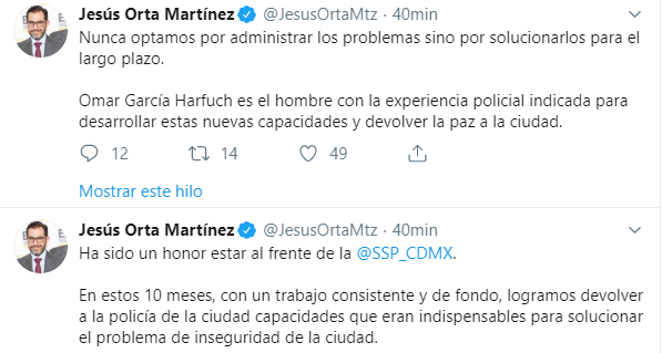 IMAGEN Renuncia Jesús Orta a Policía CDMX (Twitter)