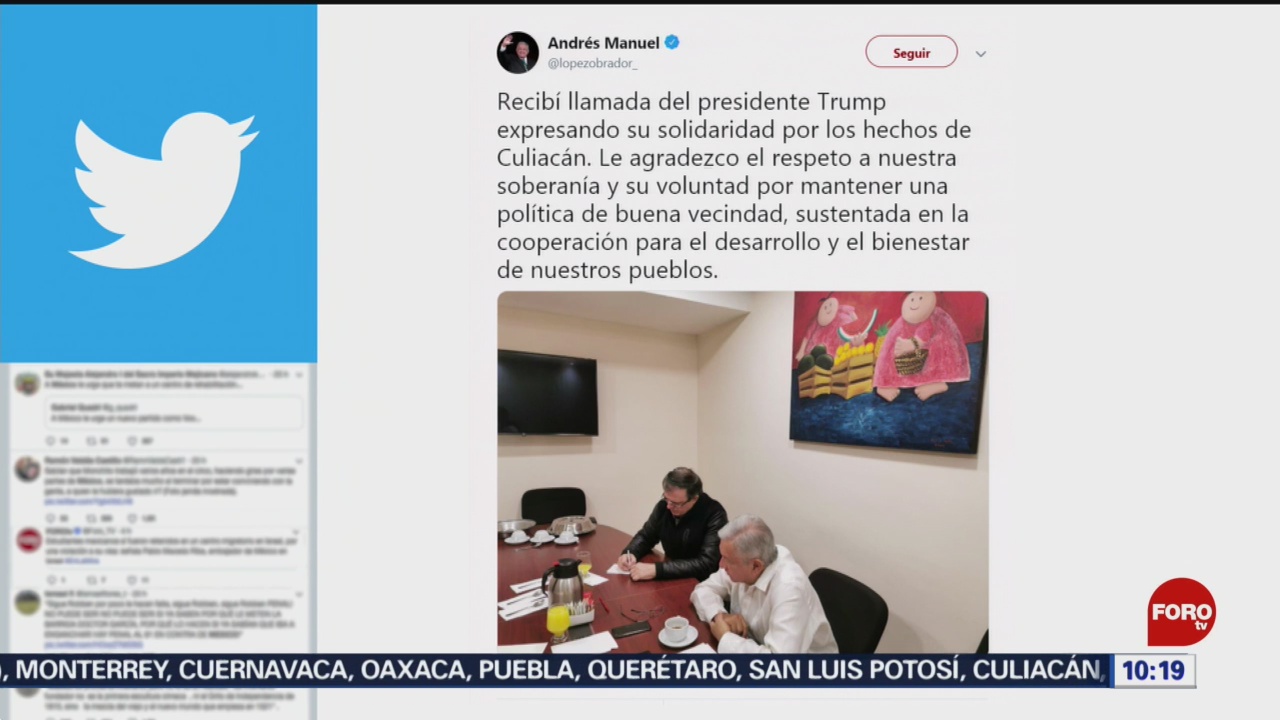 FOTO: López Obrador recibe llamada de Trump por balaceras en Culiacán, 19 octubre 2019