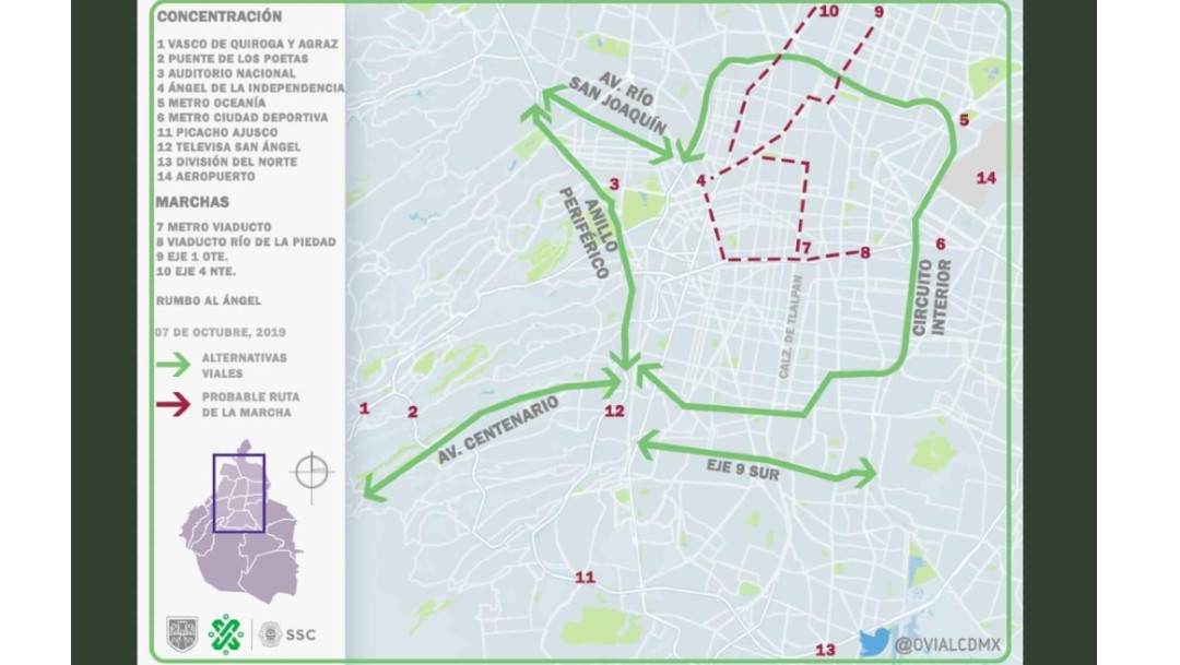 Foto: Mapa alternativas viales por bloqueos de taxistas. 7 de octubre de 2019