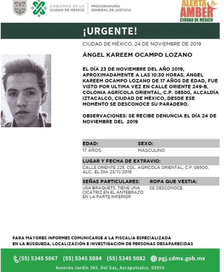 Foto: Activan Alerta Amber para localizar a Ángel Kareem Ocampo Lozano, 26 de noviembre de 2019 (Twitter @PGJDF_CDMX)
