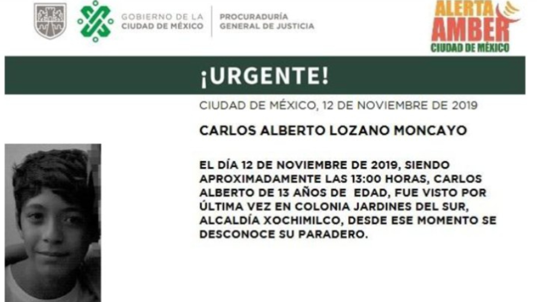 Foto: Alerta Amber por Carlos Alberto Lozano Moncayo, 13 de noviembre de 2019 (Twitter PGJ CDMX)