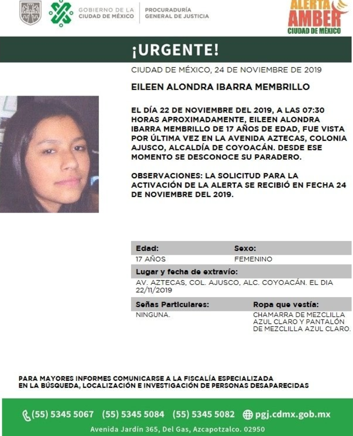 Foto: Activan Alerta Amber para localizar a Eileen Alondra Ibarra Membrillo, 26 de noviembre de 2019 (Twitter @PGJDF_CDMX)