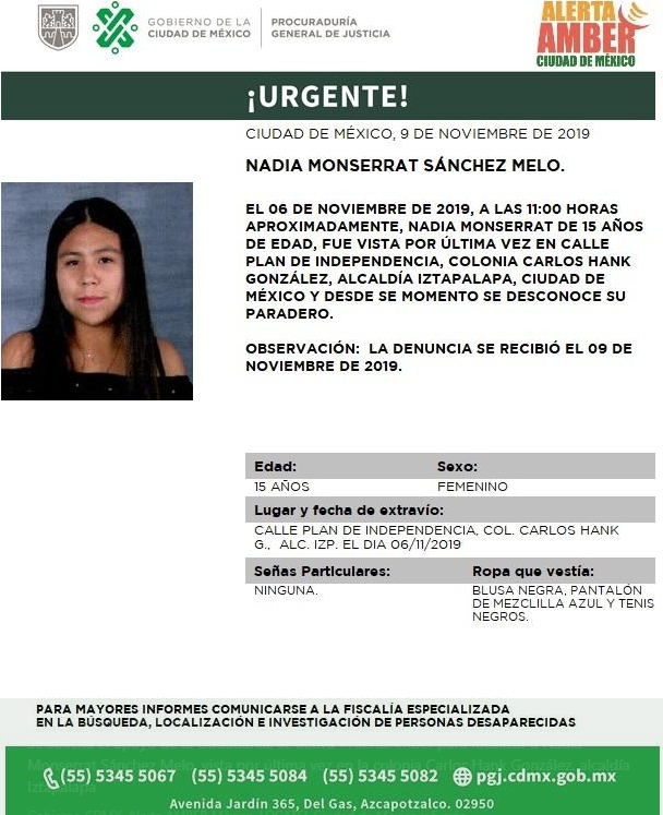 Foto: Activan Alerta Amber para localizar a Nadia Monserrat Sánchez Melo, 11 de noviembre de 2019 (Twitter @PGJDF_CDMX)