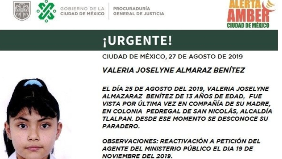 Foto: Activan Alerta Amber para localizar a Valeria Joselyne Almaraz Benítez, 20 de noviembre de 2019 (Twitter @PGJDF_CDMX)