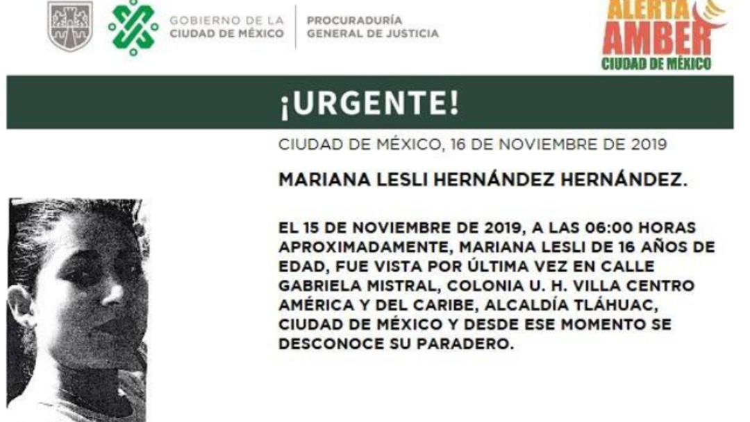 Imagen: Activan Alerta Amber para localizar a Mariana Lesli Hernández Hernández, 18 de noviembre de 2019 (Twitter @PGJDF_CDMX)