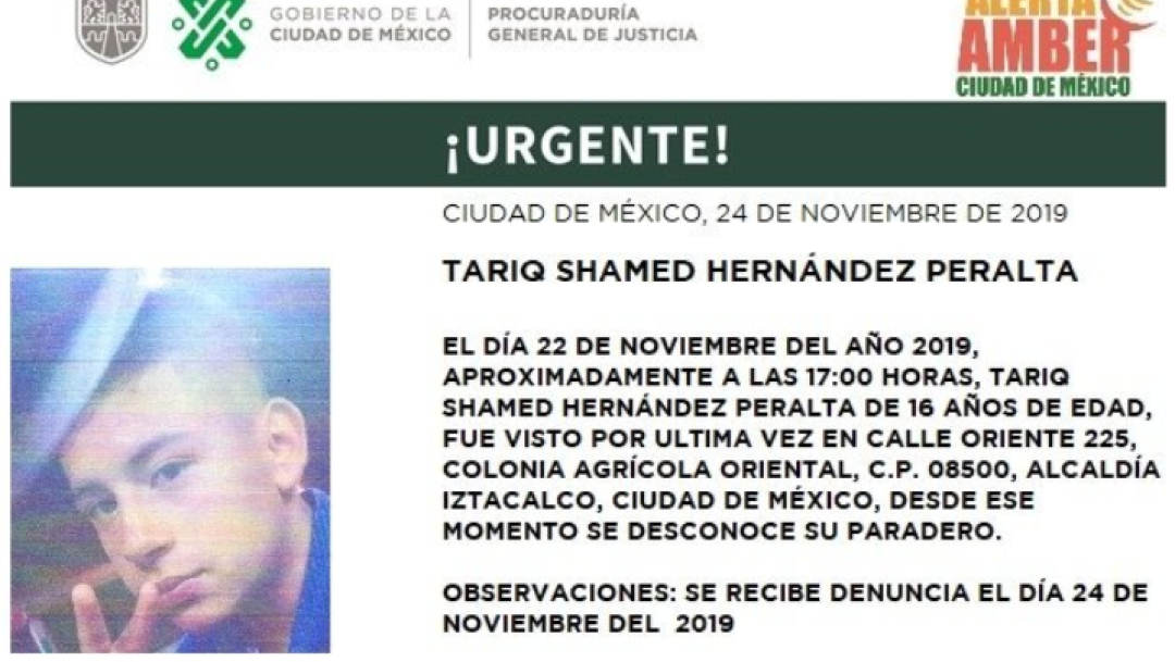Foto: Activan Alerta Amber para localizar a Tariq Shamed Hernández Peralta, 26 de noviembre de 2019 (Twitter @PGJDF_CDMX)