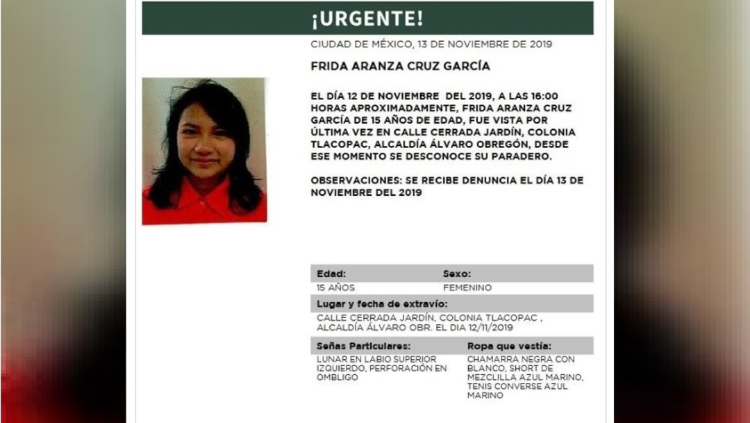 Foto:Activan Alerta Amber para localizar a Frida Aranza Cruz García, 14 noviembre 2019