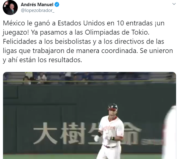 FOTO México logra pase a Juegos Olímpicos en béisbol, AMLO felicita a jugadores (Twitter)