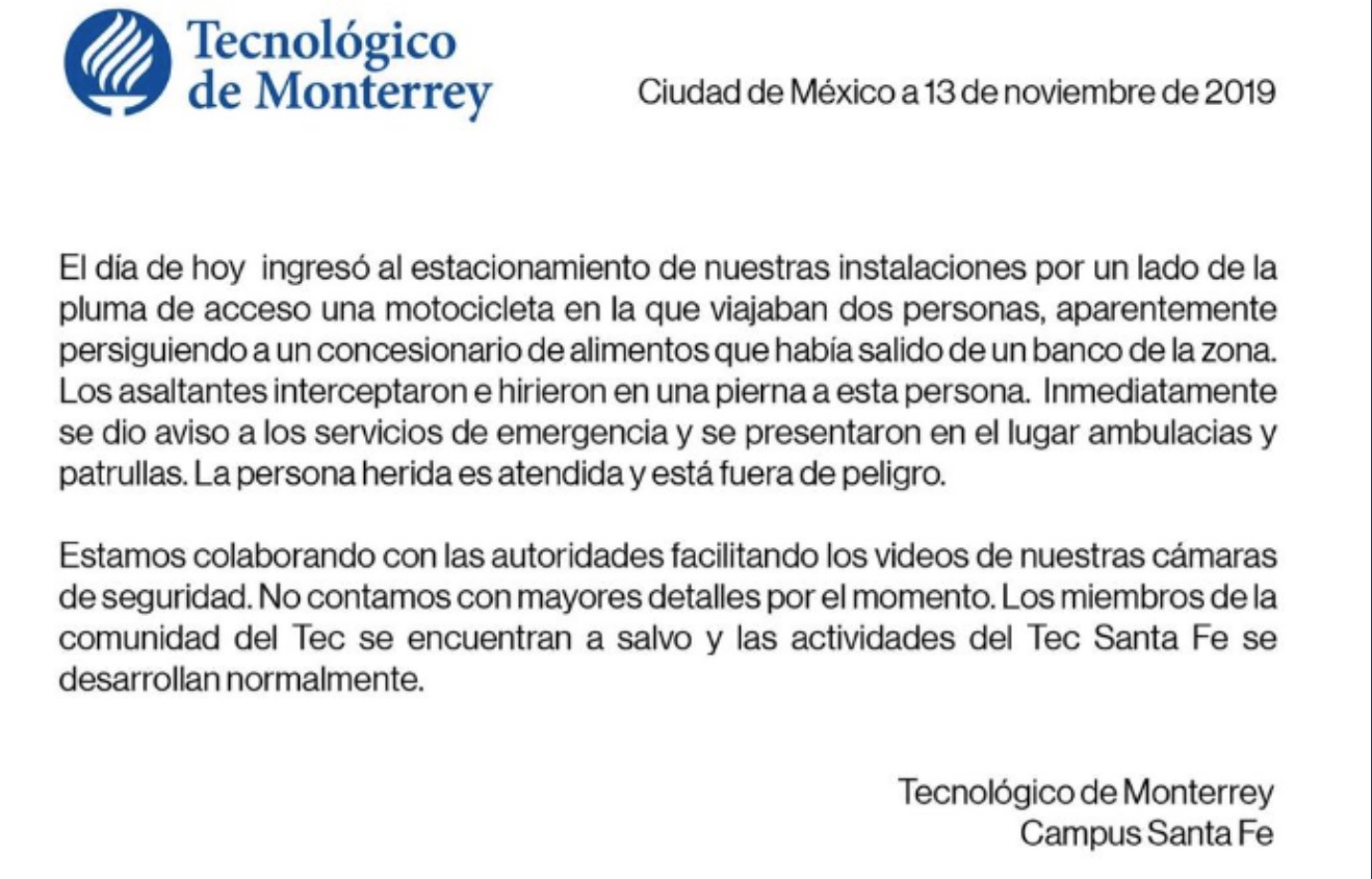 Comunicado del Tec de Monterrey.
