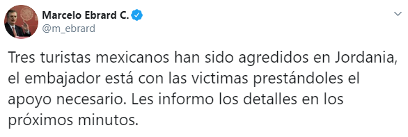 IMAGEN Marcelo Ebrard confirma 3 mexicanos heridos por apuñalamiento en Jordania (Twitter)