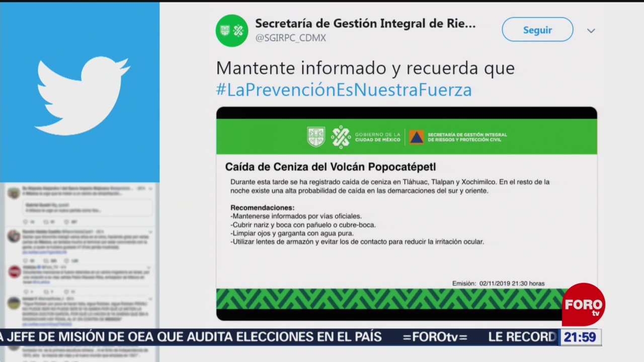 Se registra caída de ceniza del Popocatépetl en tres alcaldías de la CDMX