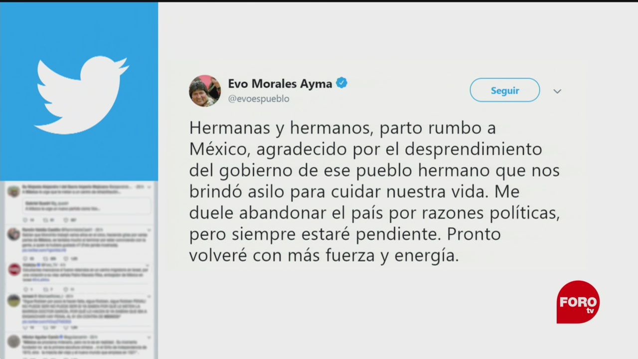 FOTO: Evo Morales confirma que viene a México, 11 noviembre 2019