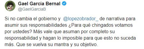 IMAGEN Gael García condena ataque contra familia LeBarón (Twitter)