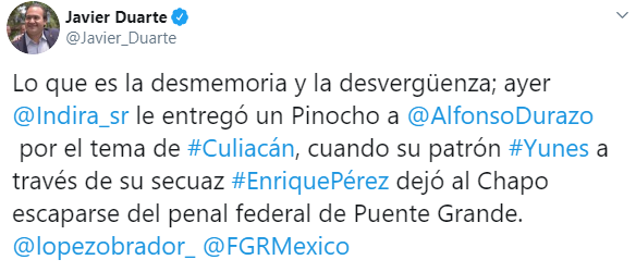 IMAGEN Javier Duarte critica a panista que dio Pinocho a Durazo (Twitter)