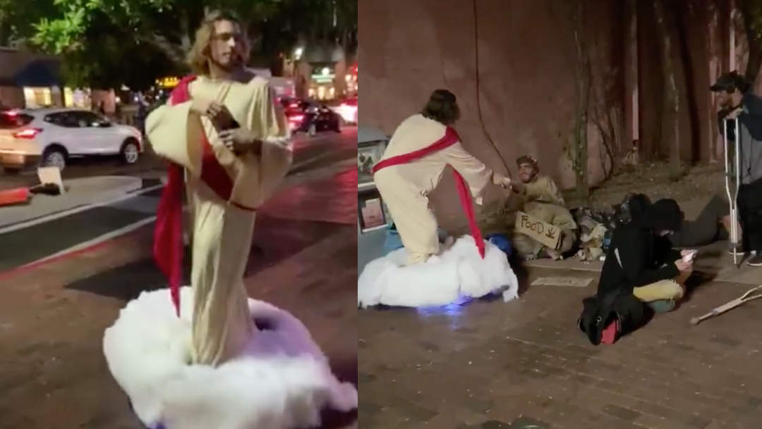 Foto: joven se disfraza de jesus y da pan a homeless