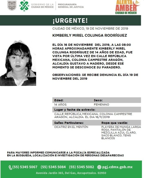 Foto: Activan Alerta Amber para localizar a Kimberly Mirel Colunga Rodríguez, 20 de noviembre de 2019 (Twitter @PGJDF_CDMX)